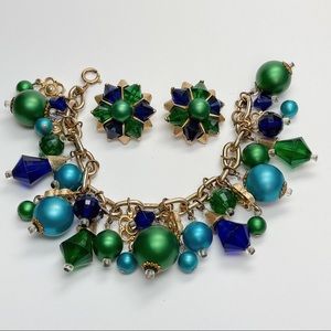 Vintage Blue & Green Charm Bracelet & Earrings Set